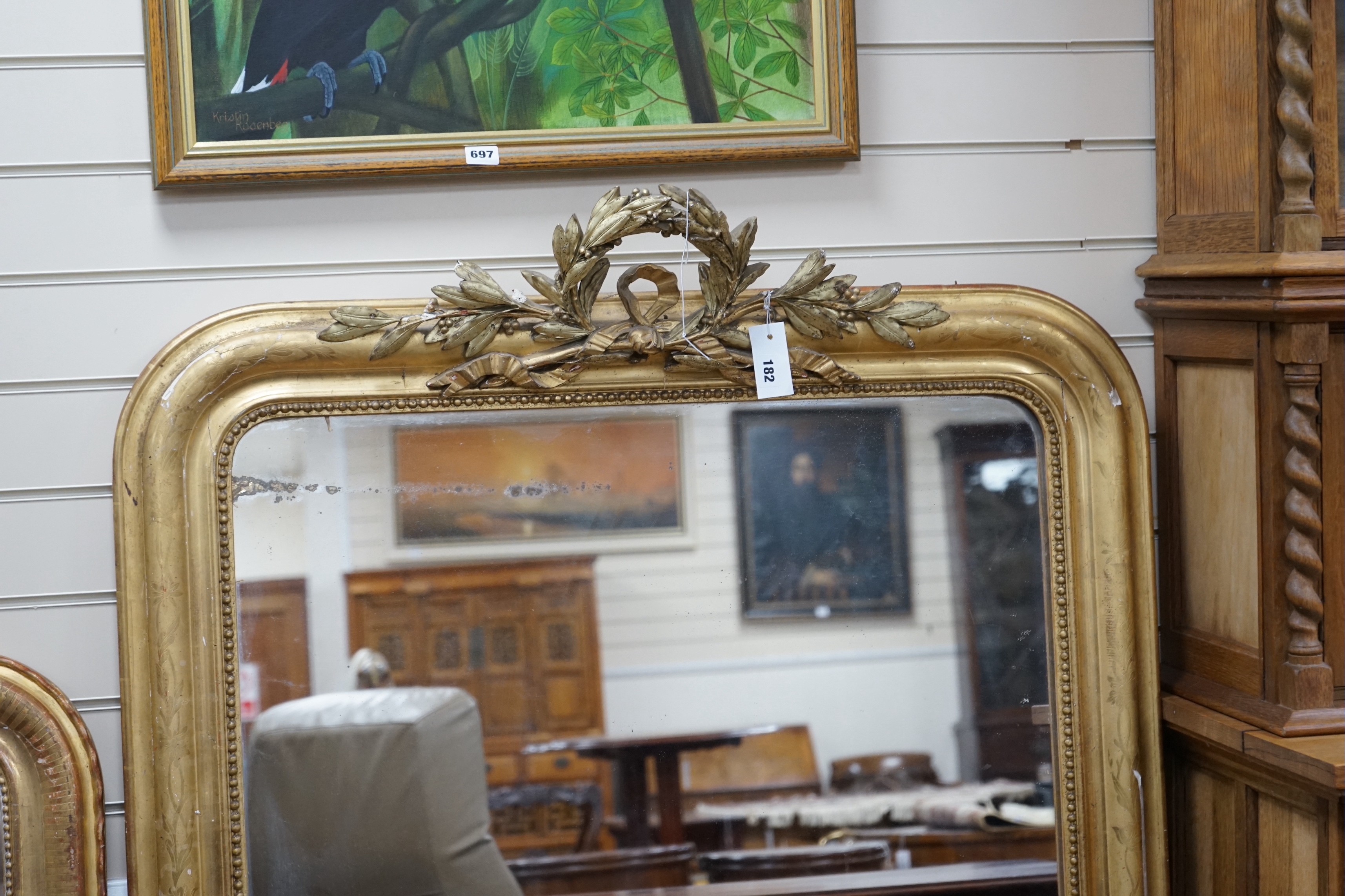 A 19th century French giltwood and gesso overmantel mirror, width 101cm, height 148cm
